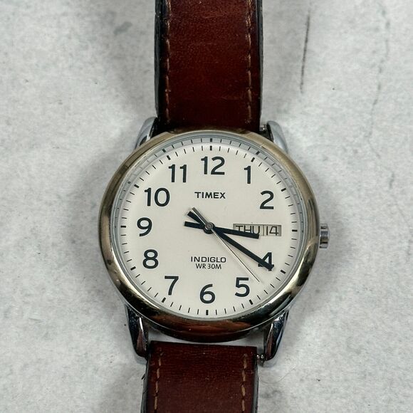 Timex Other - Timex Watch Mens 35mm Day Date Indiglo Two Tone Brown Band Quartz New Battery